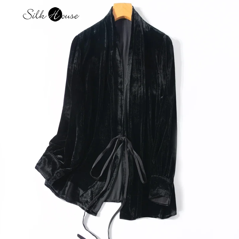 

Luxury 30% Natural Mulberry Silk Velvet Long Sleeved Loose Cardigan with Straps Versatile Black Women's Fashionable Jacket