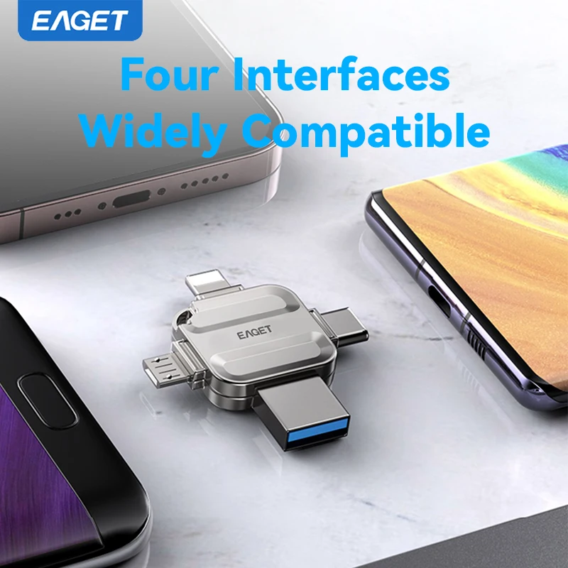 Eaget 4 in 1 USB Flash Drive USB3.0 Type C Lighting Mirco interface Pendrive for iPhone16 15 Samsung Android Laptop Memory Stick