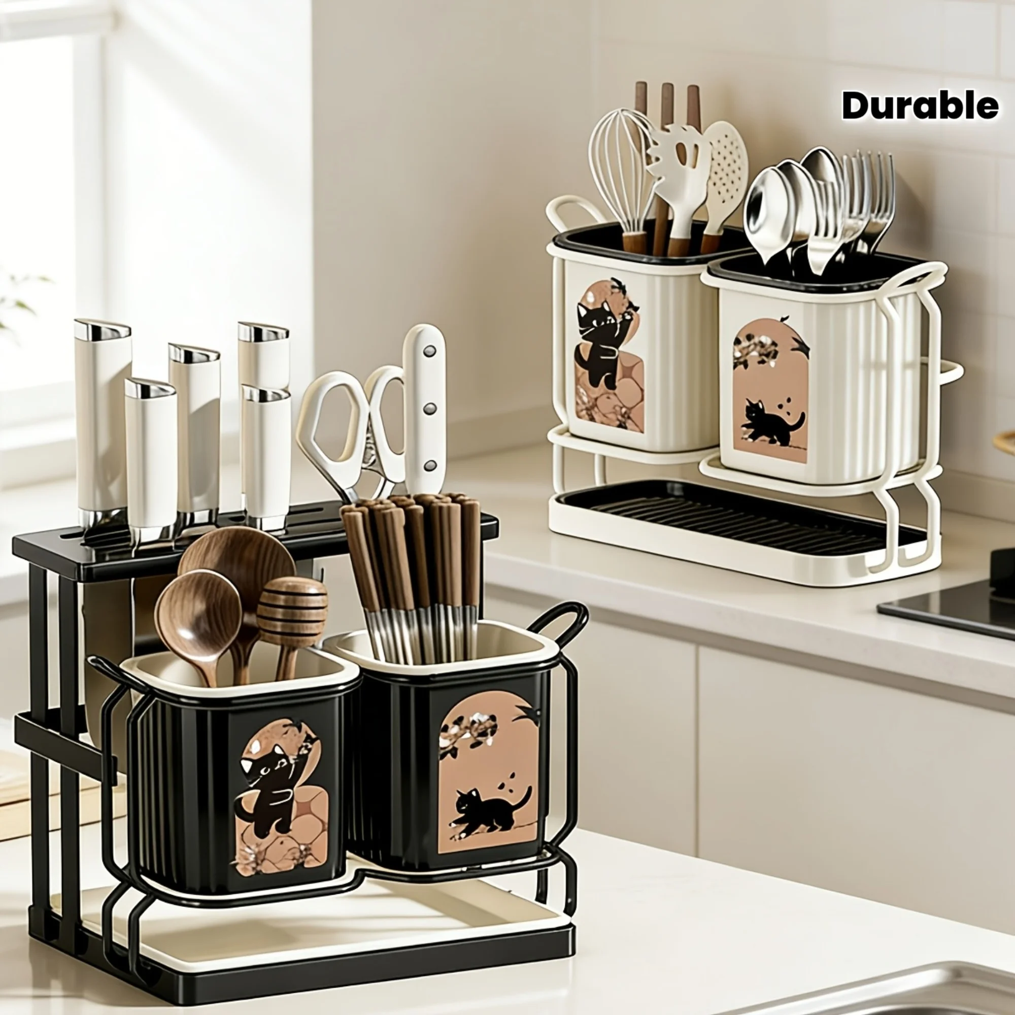 1pc Carbon Steel Kitchen Utensil & Knife Organizer with 2 Utensil Buckets, 2-In-1 Countertop & Wall Mounted Storage Rack