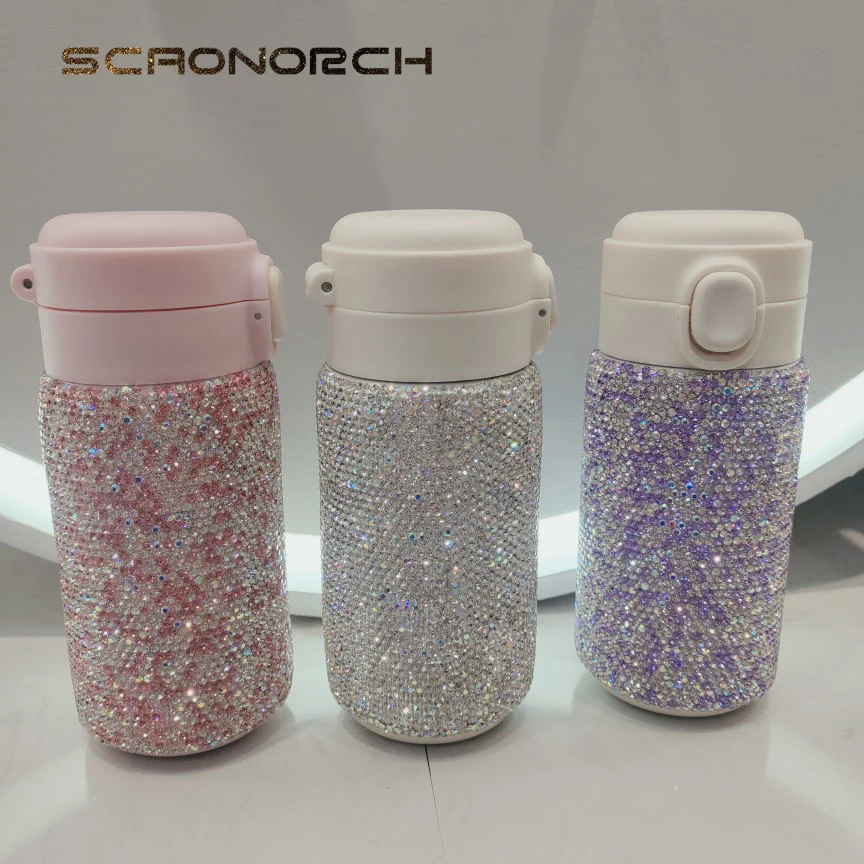 Rhinestone Double Wall Stainless Steel Thermos  Car Coffee Cup Mugs Insulated Water Bottle Vacuum Flask with Bounce Lid