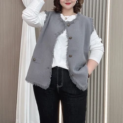 Plus Size Women Sleeveless Vest Fall New Fashion Temperament Tassels Chic Knitted Woolen Waistcoat 2422