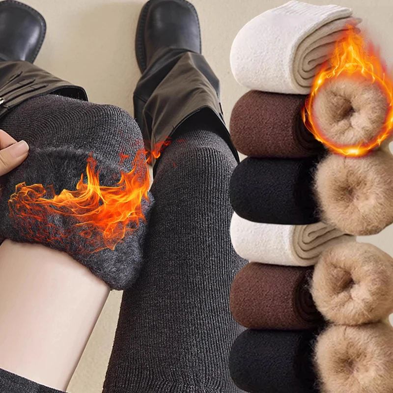 

New Solid Color Knitted Long Tube Socks Winter Velvet Thicken Knee Legs Protection Stockings for Women Girls Foot Cover Warmers