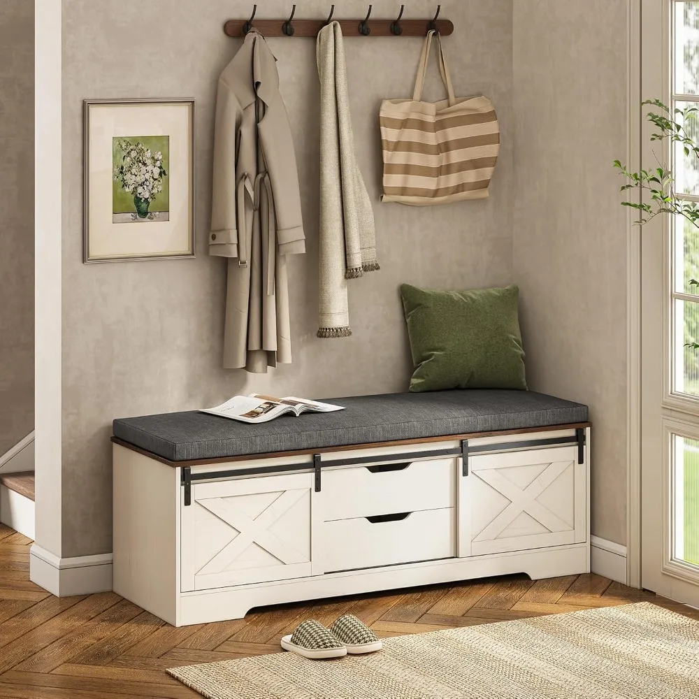 

Farmhouse Storage Bench with Cushion, Shoe Rack with Slide Barn Doors, Adjustable Shelf and 2 Drawer for Entry, Bedroom, Closet,