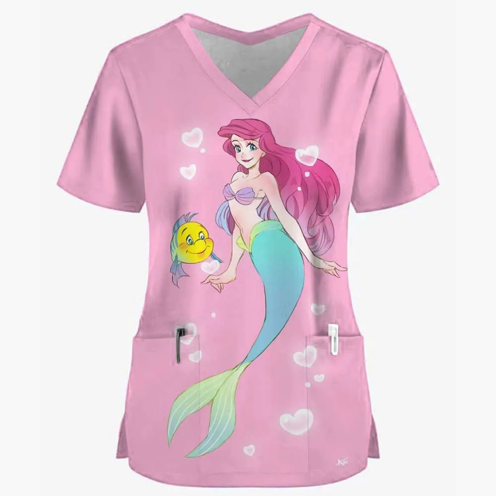 Disney Princess Women's V Neck Nurse Uniform T-Shirt Pocket Summer New Dress Woman Clothing 2024 Cheap Top Y2k S-3XL Kawaii Tops