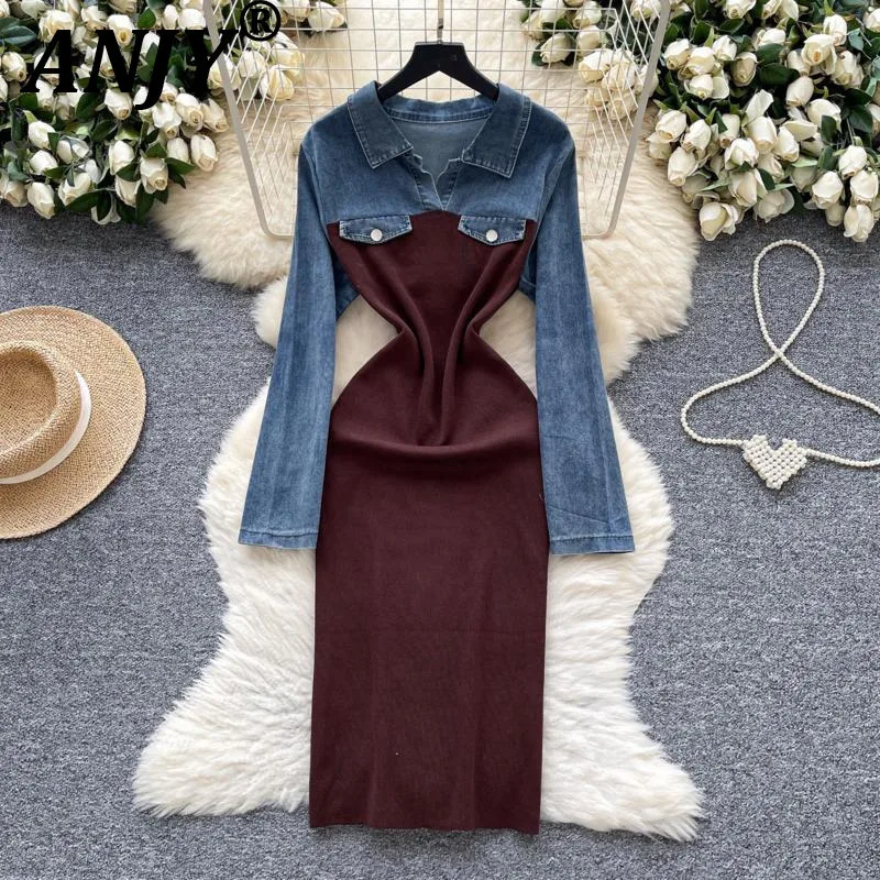 

ANJY Autumn New Women Tide Dress Long Sleeve Denim Patchwork Turn-Down Collar Slim Fit High Street Elegant Fashion Dresses A8819