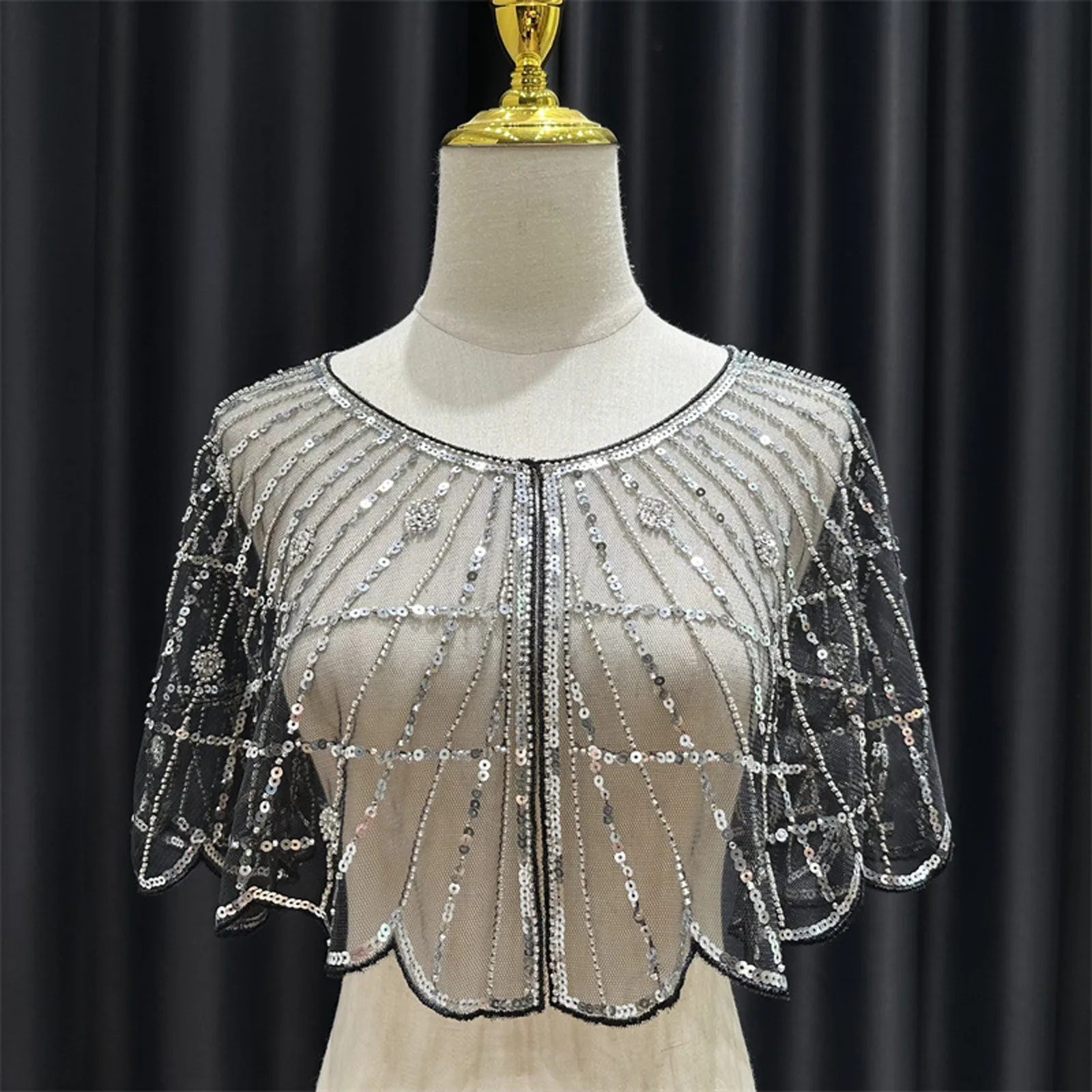 Vintage 1920s Flapper Shawl Sequin Beaded Short Cape Beaded Decoration Gatsby Party Mesh Short Cover Up Dress Accessory