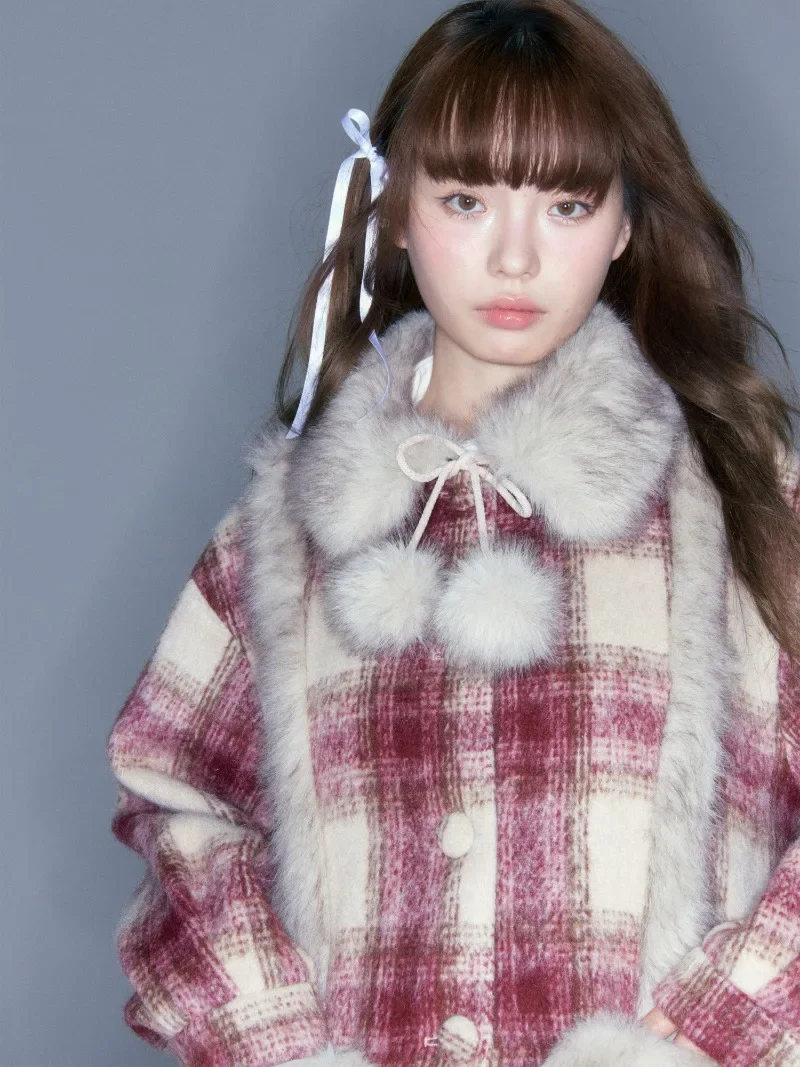 Japanese Style Fashion Design New Year Jacket Red Woolen Plaid Long Casual Coat 2023 Winter Warm Windbreaker Jaqueta Feminina