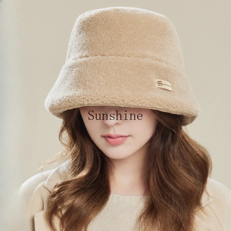 

Female autumn and winter versatile bucket hat thickened and warm cute white plush fisherman basin hat