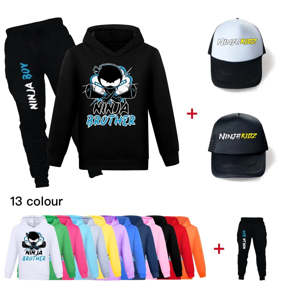 Anime Ninja Kidz Sweatshirt Clothing Graphic Cotton Teen hoodies Outfit Boys Hooded+Pants+sunhat sets For Kids Pullover Clothes