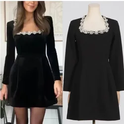 Luxury Diamonds Mini Dresses Women Sexy Square Neck Long Sleeve Bodycon Pocket Decorate A Line Dress Elegant Evening Party Robes