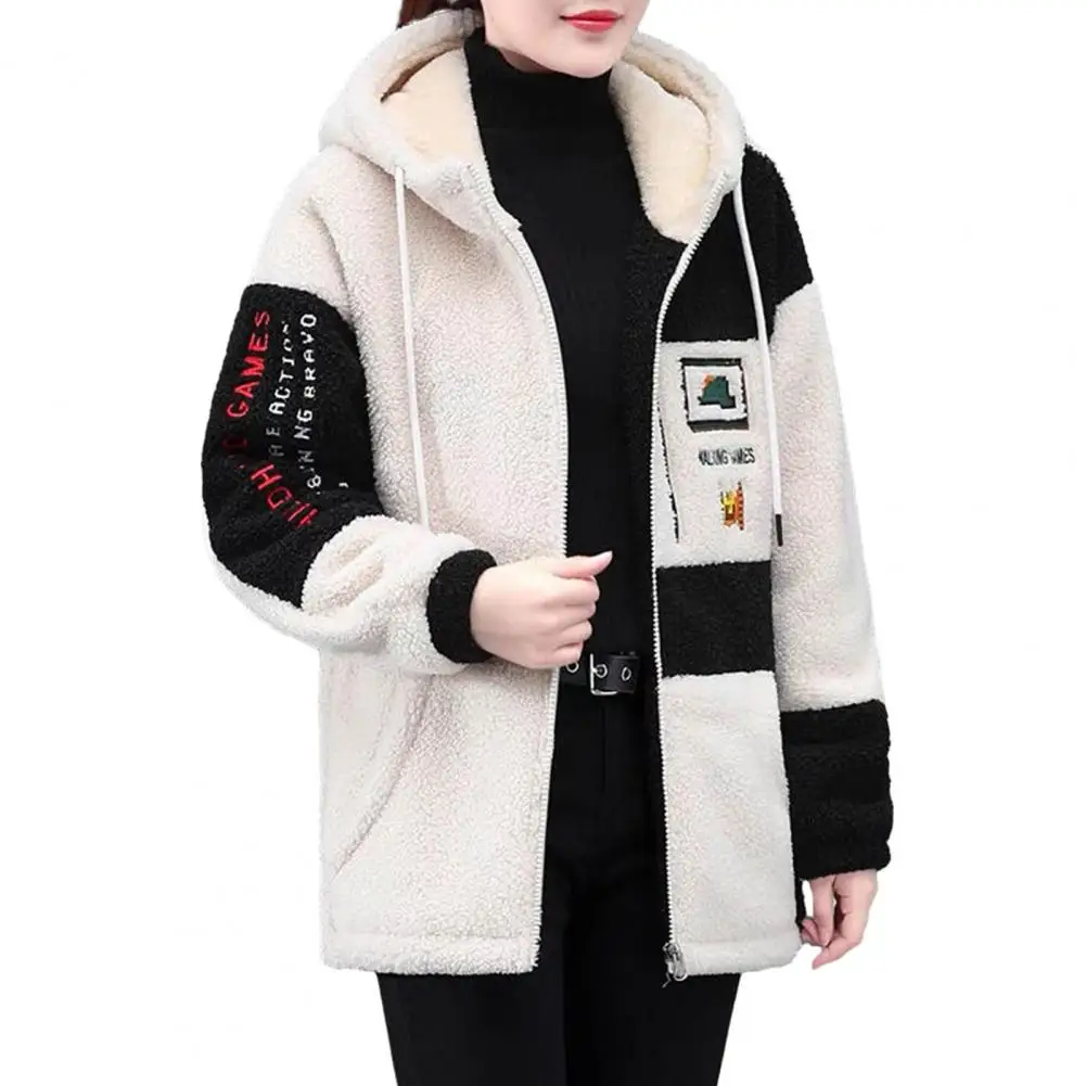 Winter Women Hooded Jacket Colorblock Thick Plush Long Sleeve Hooded Coat Letter Embroidery Drawstring Zipper Cosure Lady Coat