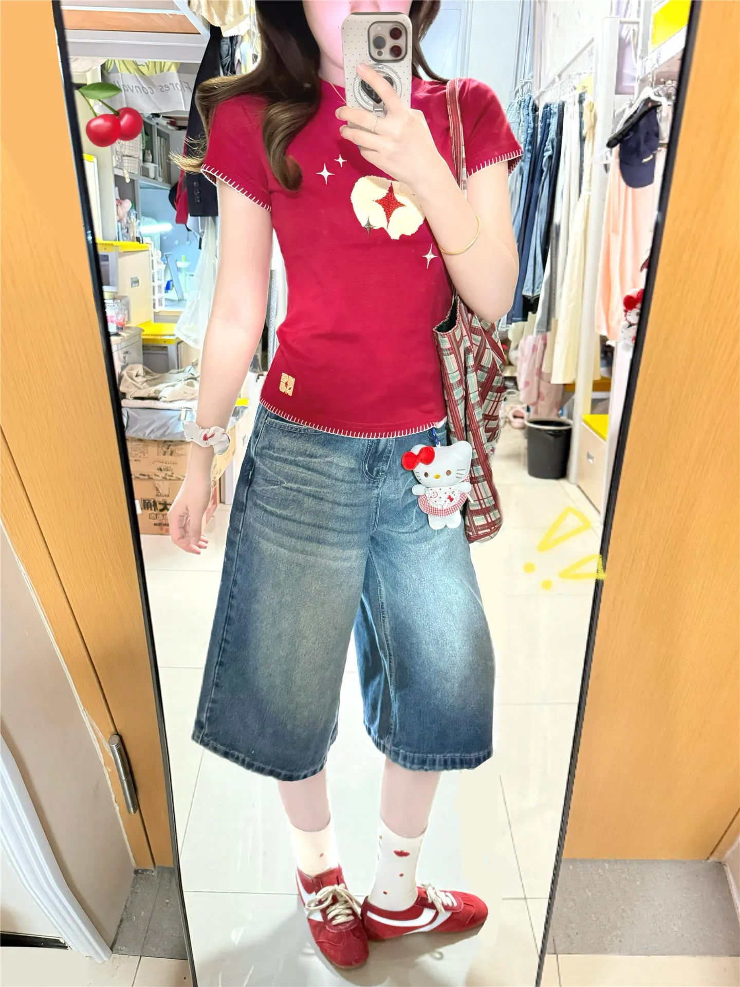 

American Retro Hot Girl Seven-Five Denim Jeans Women Summer High Waist Loose Slim Washed Design Wide Leg Medium Pants