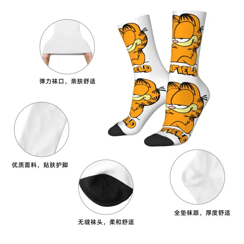 Custom Cool Print Garfield Funny Socks for Men Women Stretch Summer Autumn Winter Funny Cat Crew Socks