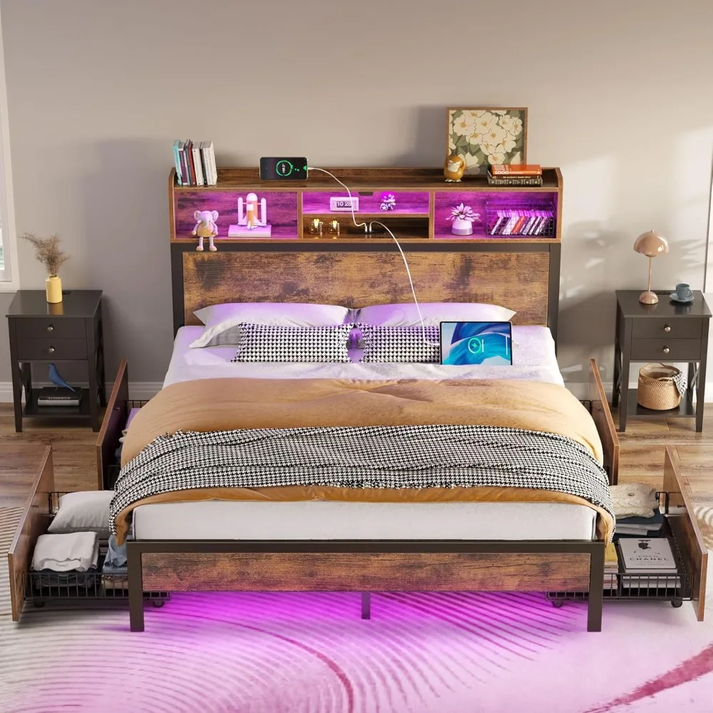 Queen size bed frame with storage headboard, metal platform charging station, LED 4 drawers, no need for box springs, no noise