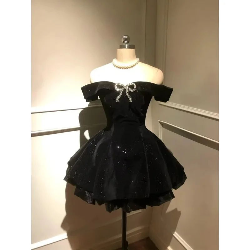 Black French Vintage Elegant Dress Women Gothic Off Shoulder Retro Y2k  Dress Female Fairy Birthday Party Chic Outfits