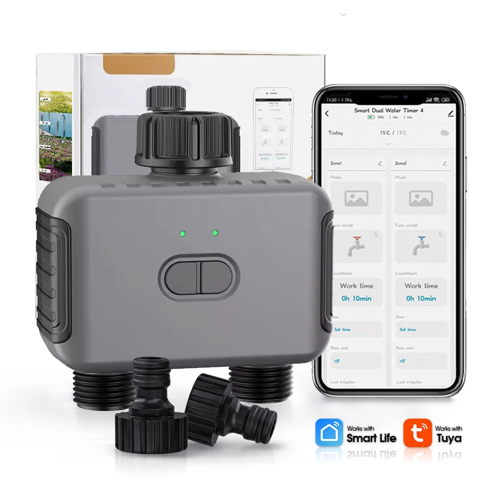 Smart Bluetooth WIFI Dual Zone Independent Irrigation Timer 20 Custom Automatic Watering Programs Support Voice APP Function