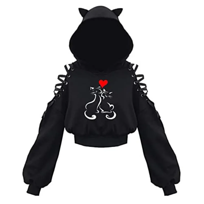 Hoodie wanita lengan panjang, Hoodie Gotik, hitam, musim gugur, Hoodie telinga kucing lucu, Hoodie Harajuku, bahu dingin, perban, kaus Gotik,