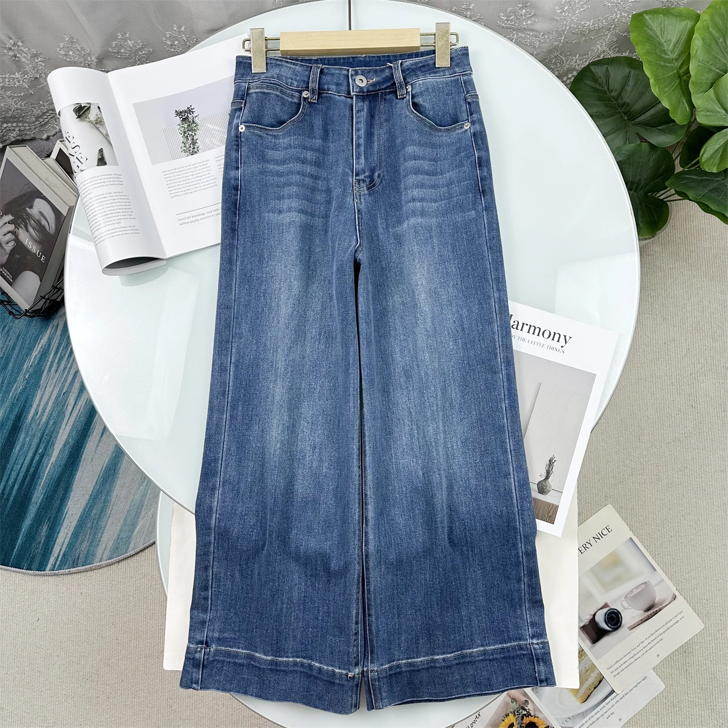 

High Waist Straight Leg Jeans Women's Spring New Style Nine Points Wide Leg Pants Simple Match Cotton Denim Trousers
