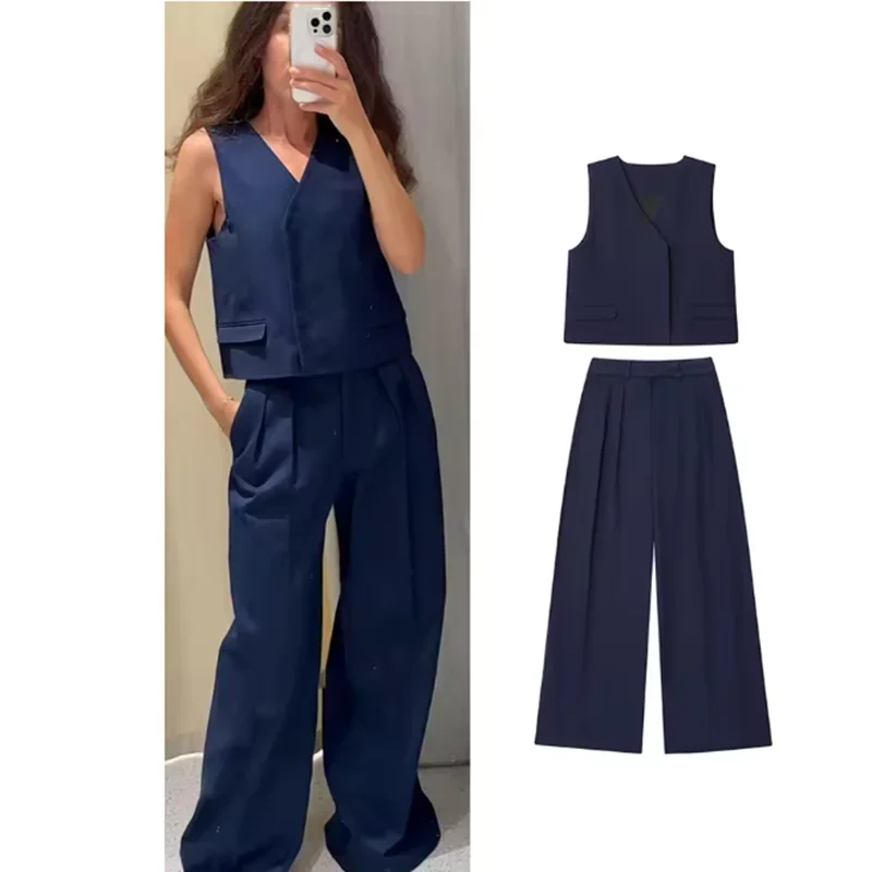 Set da 2 pezzi solido moda donna con scollo a V design con copertura ribaltabile gilet senza maniche sexy + pantaloni a pieghe con cerniera chic