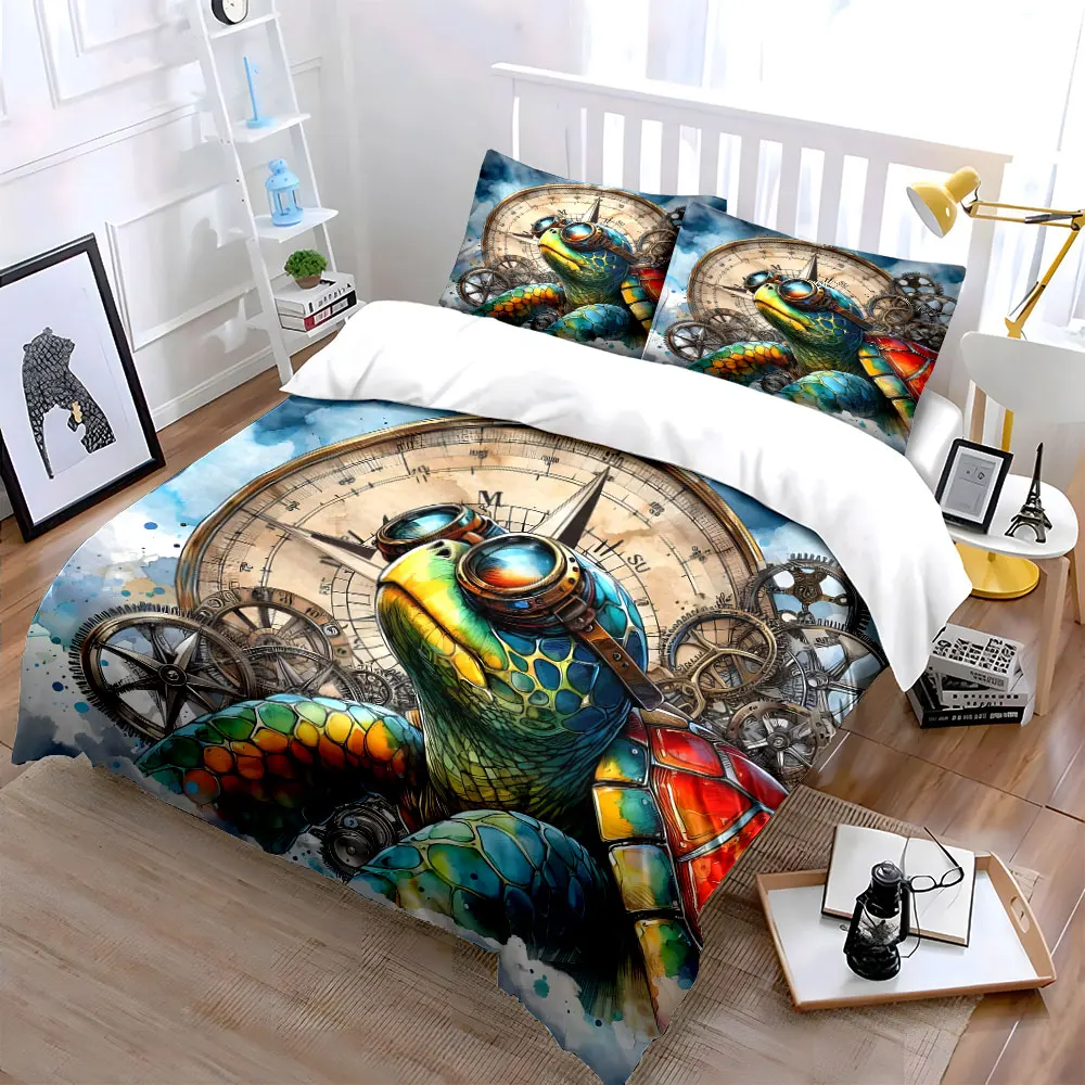 Colorful mechanical turtle with vintage clock backdrop Bedding Set 1 Duvet Cover 2 Pillowcases for Adult Children Luxury Gif