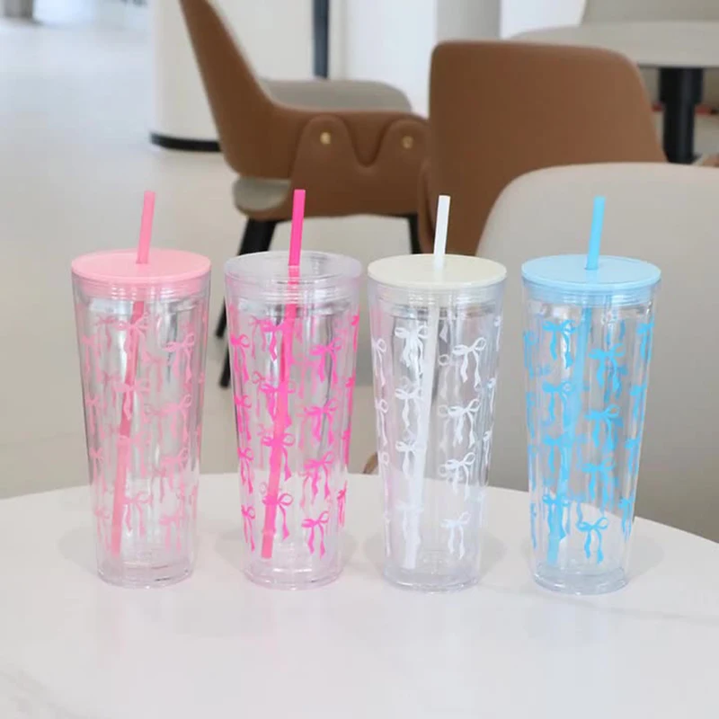 

Kawaii Water Bottle Aesthetic Tumbler For Ice Coffee Juice Tea Cute Bowknot Plastic Cups With Straw Lid Portable Drinking Bottle