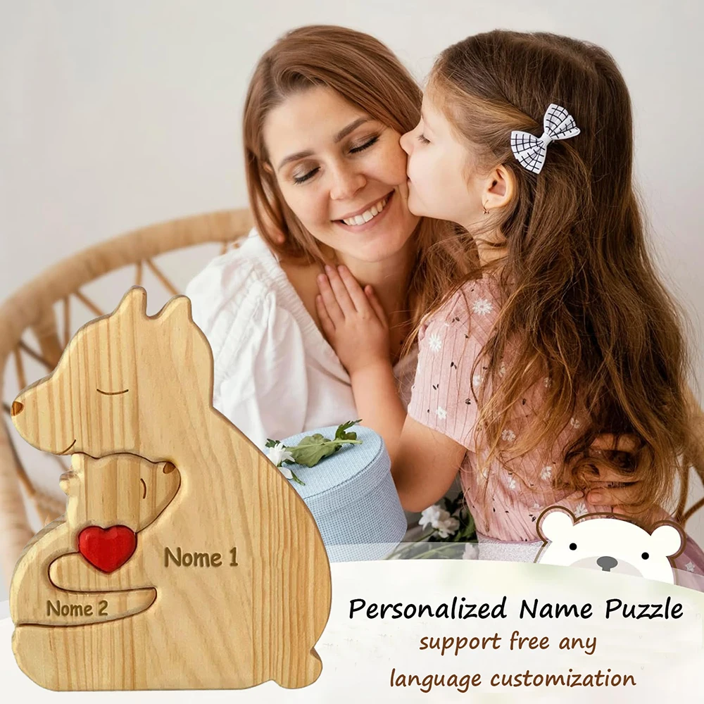 Single Parents Bear Wooden Puzzle Gifts Personalized Free Engraving Family Names Christmas Birthday Gift For Dad Sole Family Gif