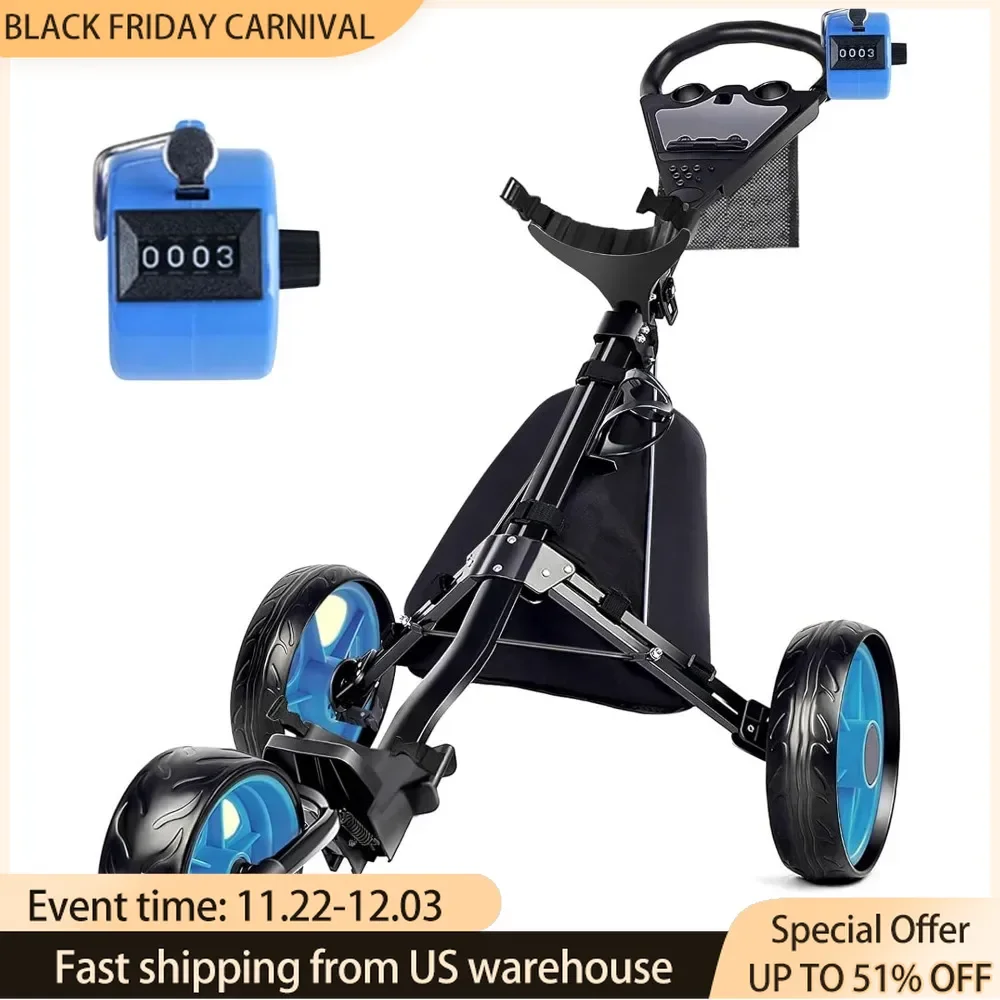 Golf Cart, Golf Bag Cart, Foldable Push, Pull , Option with Clicker Scorer or Phone Holder, 3 Wheel Golf Push Carts