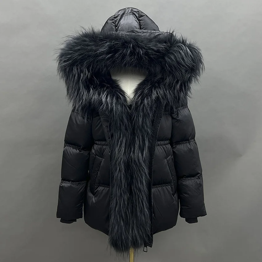 

JANEFUR 2025 New Winter Large Raccoon Fur Hooded Puffer Jacket Women Thicken Warm Coat White Goose Down Mid Long Parka Fashion