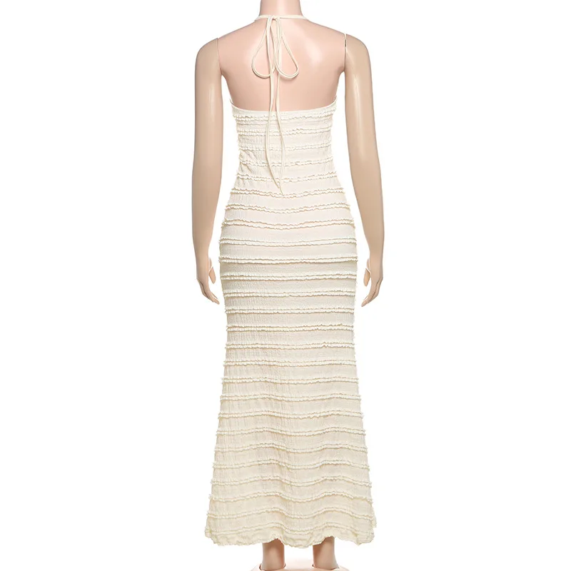 Em camadas de renda babados plissado bodycon maxi vestido feminino sexy sólido rendas halter sem costas férias praia festa longo robe vestidos