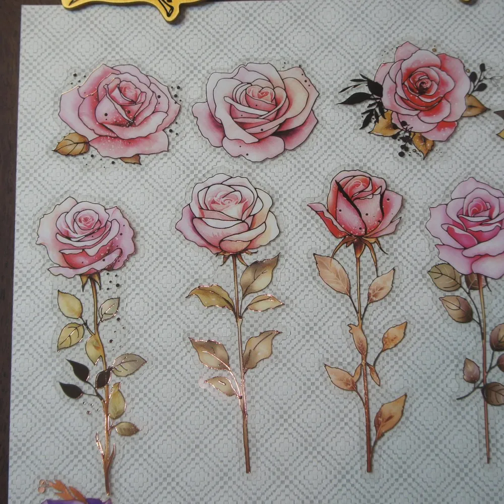 10 Pcs Gold Line Rose Blooming in The Middle of The Night Design PVC Sticker Scrapbooking DIY Gift Decoration Tag view 3