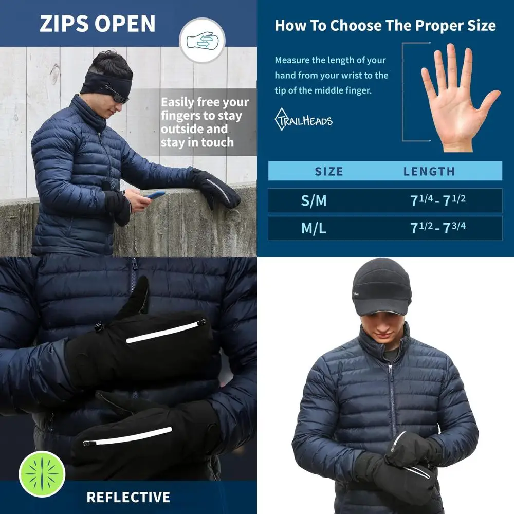 

Men's Winter Running Convertible Mittens | Thermal Insulated Gloves for Cold Weather - Black
