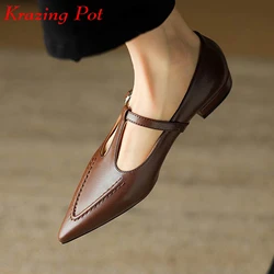 Krazing Pot Retro Fashion Cow Leather Low Heels Spring Pointed Toe Dating Beauty Sexy Lady Sweet Mary Janes Women Shallow Pumps