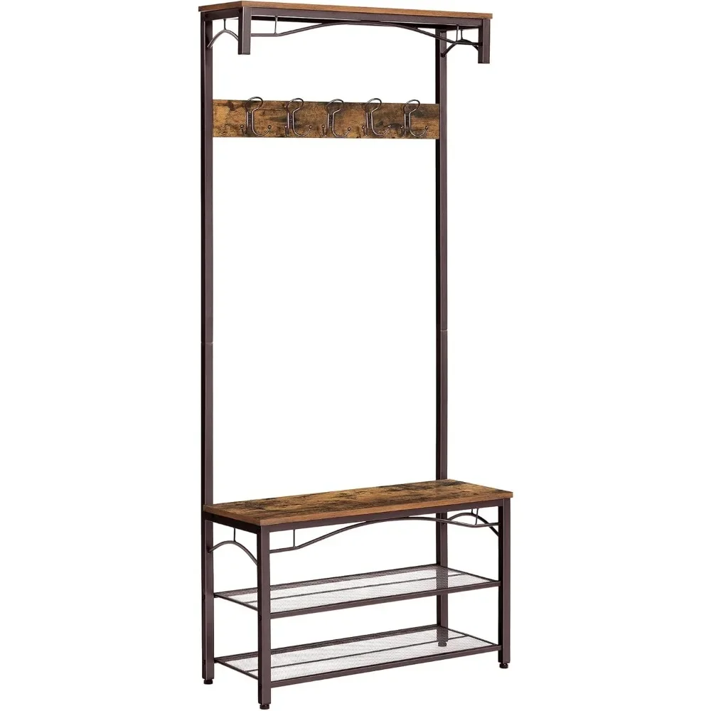 

3-in-1 Hall Tree, Entryway Shoe Bench , Storage Shelves Accent Furniture Steel Frame Large Size, Industrial