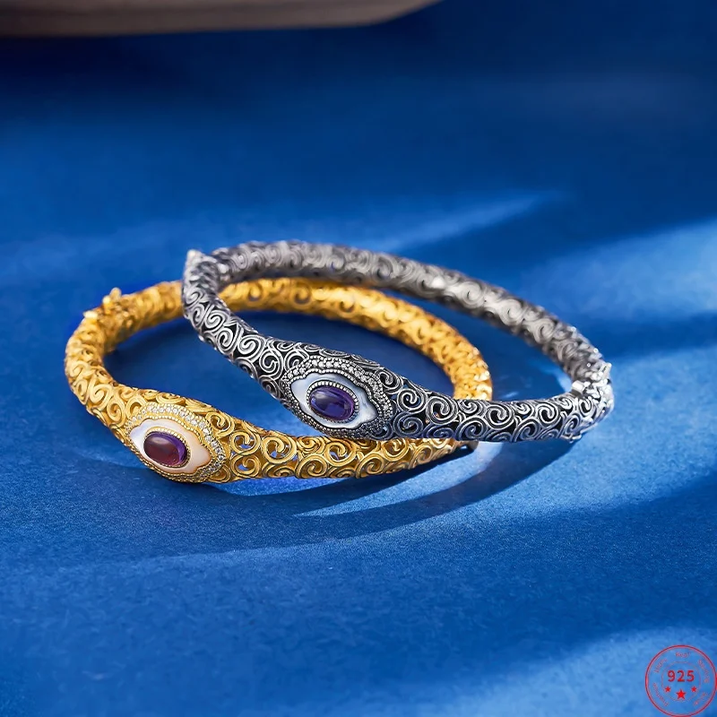 

S925 Sterling Silver Bracelets for Women Gilded Hollow Eternal Rattan Inlaid Amethyst Zircon Bangle Fashion Jewelry Wholesale