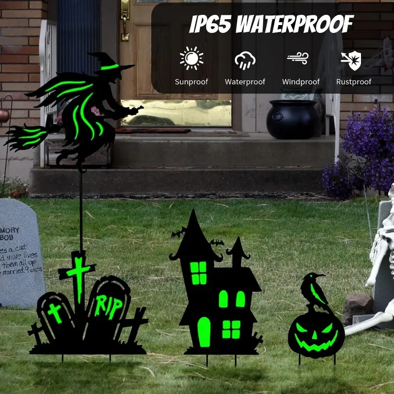 Halloween Outdoor Garden Ornament Set 3 Luminous Witch Broom Metal Stake Fluorescent Waterproof Party Ornaments