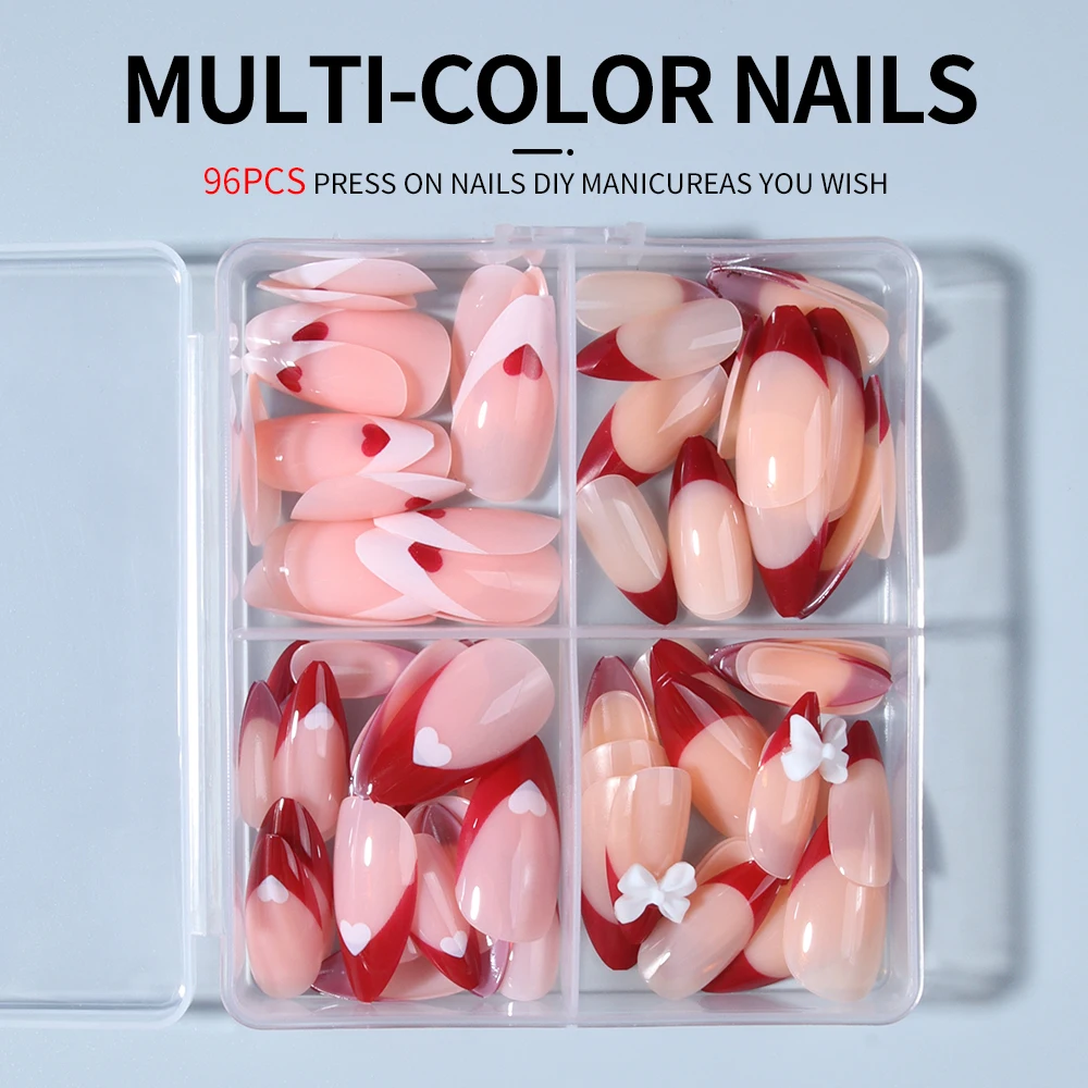96 pezzi (quattro stili) Punte per unghie francesi con fiocco di mandorle, set perfetto per unghie finte, incluso: 1 pezzo di colla gelatinosa e 1 lima per unghie, San Valentino
