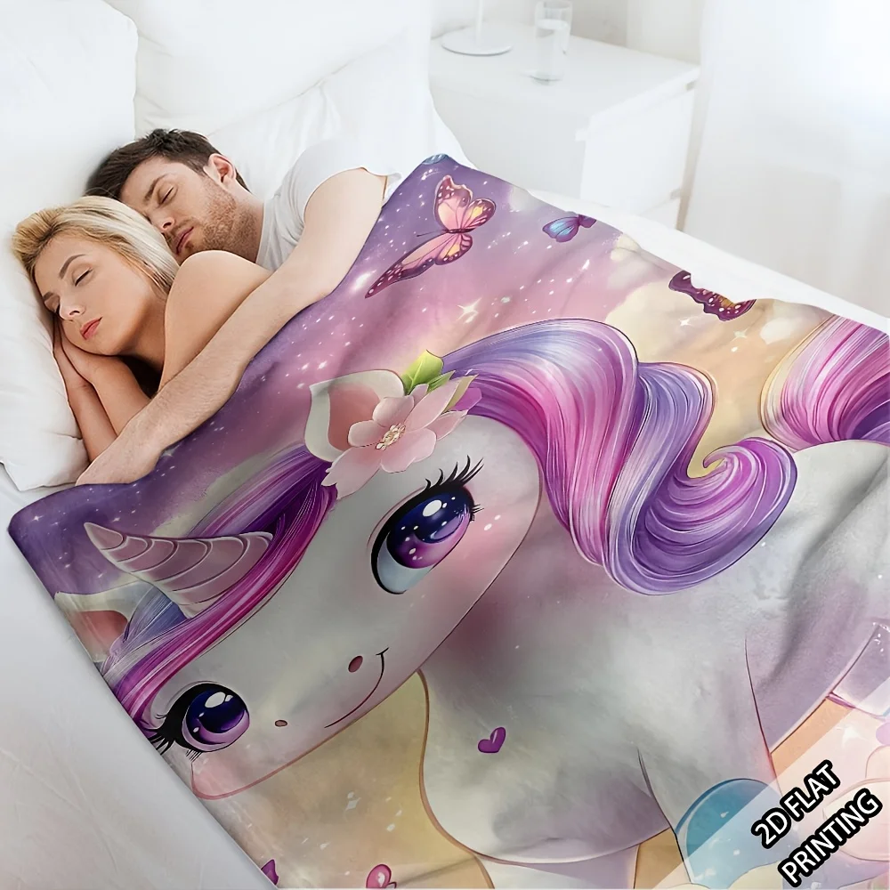 [2D Digital Print] 1pc Dreamy Unicorn And Butterfly Floral Sea Aesthetic Pink Purple Romantic Blanket, Air Conditioner Cover, So