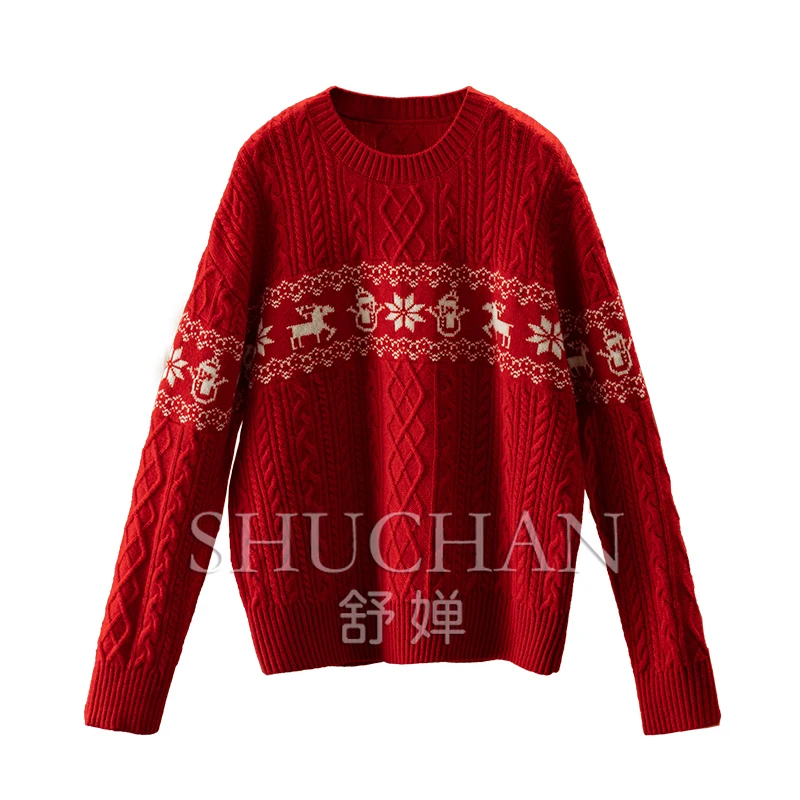 

Christmas Atmosphere Warm 100 Wool Jacquard Crew Neck Sweater Women Long Sleeve Top Sueters De Mujer 2024 Winter