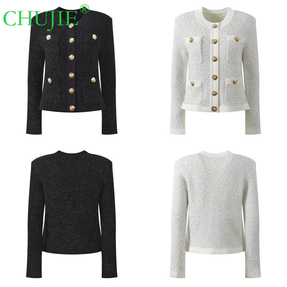CHUJIE 2025 Otoño Invierno nuevo estilo francés cuello redondo botón de Metal cuatro bolsillos abrigo elegante moda versátil Top