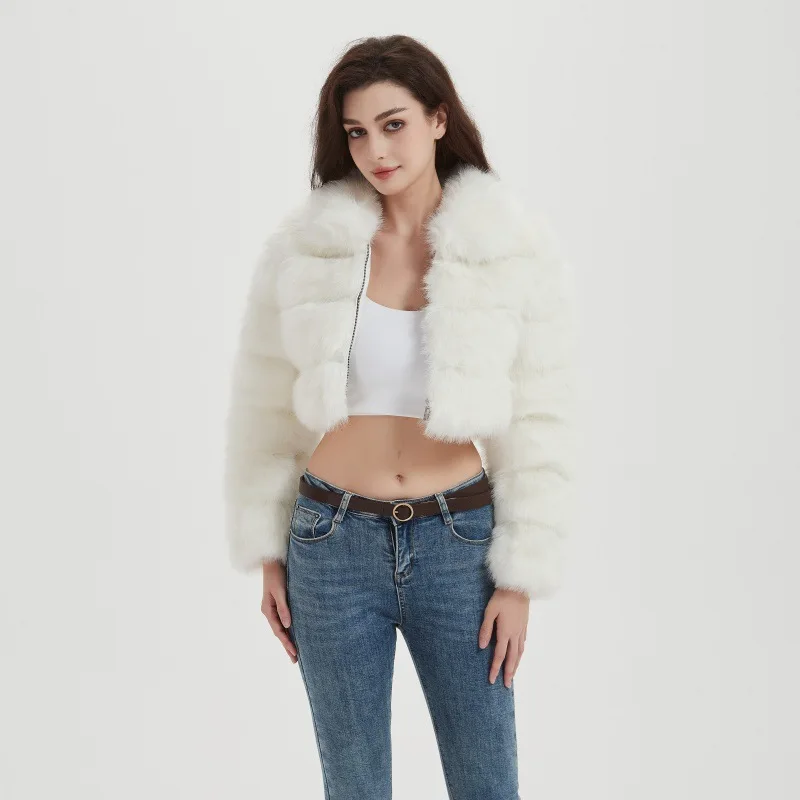 ZXRYXGS Temperament Commuting Zipper Short Coat Women's Jackets 2024 Autumn Long Sleeved Lapel Imitation Fox Fur Jackets White