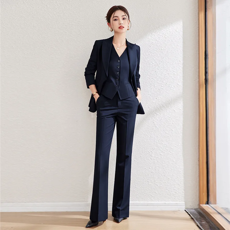 

Navy Blue Slim Fit Women's Suit 3 Piece Set with Blazer Vest Pants for Office Work Formal Wedding Pant Suits Set Lady Outfit