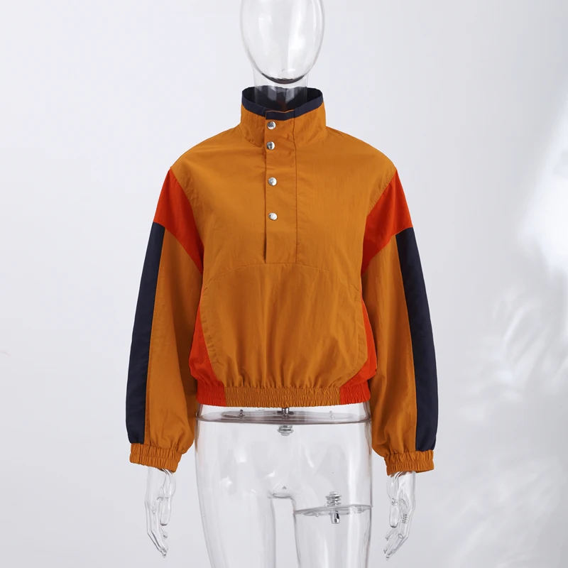 Elegant Contrast Jacket Women Loose Full Sleeve Stand Collar Button Jackets Female 2026 Fashion Autumn Outwear Lady