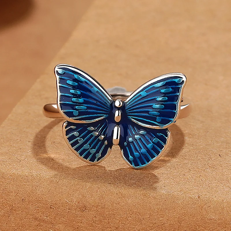

Blue butterfly ring, female Thai silver, niche design, fashionable and adjustable opening, creative index finger ring