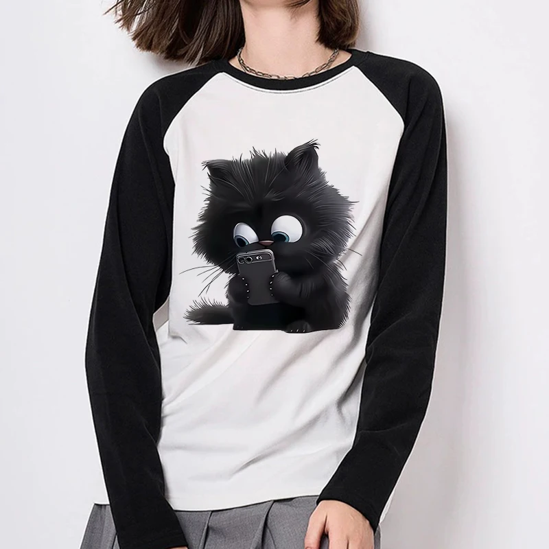 

Женские винтажные футболки с круглым вырезом, топы, футболка, осень-зима, футболка с графическим рисунком, одежда, футболка с длинными рукавами и принтом кота с химерным мультяшным котом