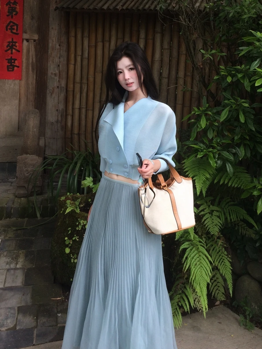 Casual Pleated Skirt Spring Summer Beautiful Gentle Style Long A-Line Midi Skirt for All Ages High Waist Polyester Elastic Waist