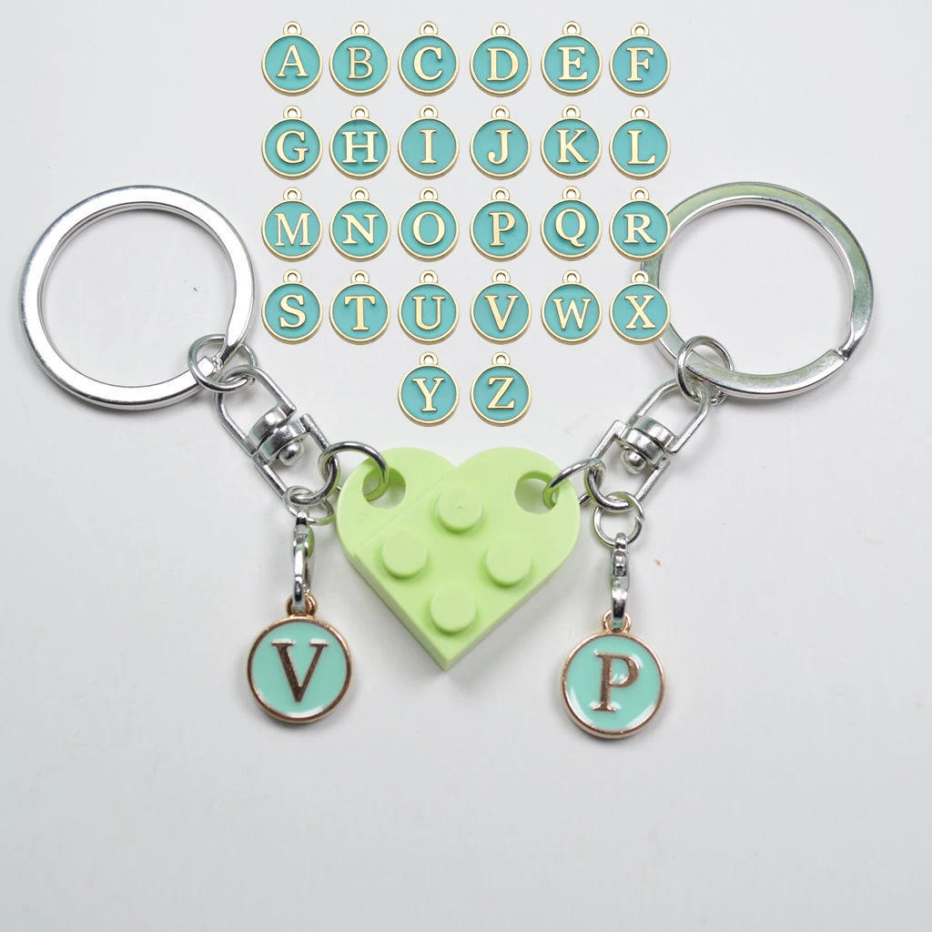 28pcs/set,Light Green Building Blocks Love Heart Diy Letter Keychain for Couple Mother's and Father's Day Gifts