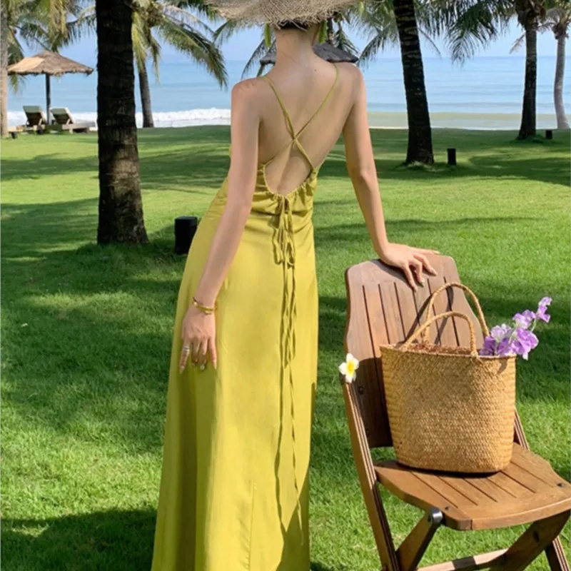 Seaside Holiday Travel Beach Temperament Long Dress Backless Slit Beautiful Strap for Women Summer