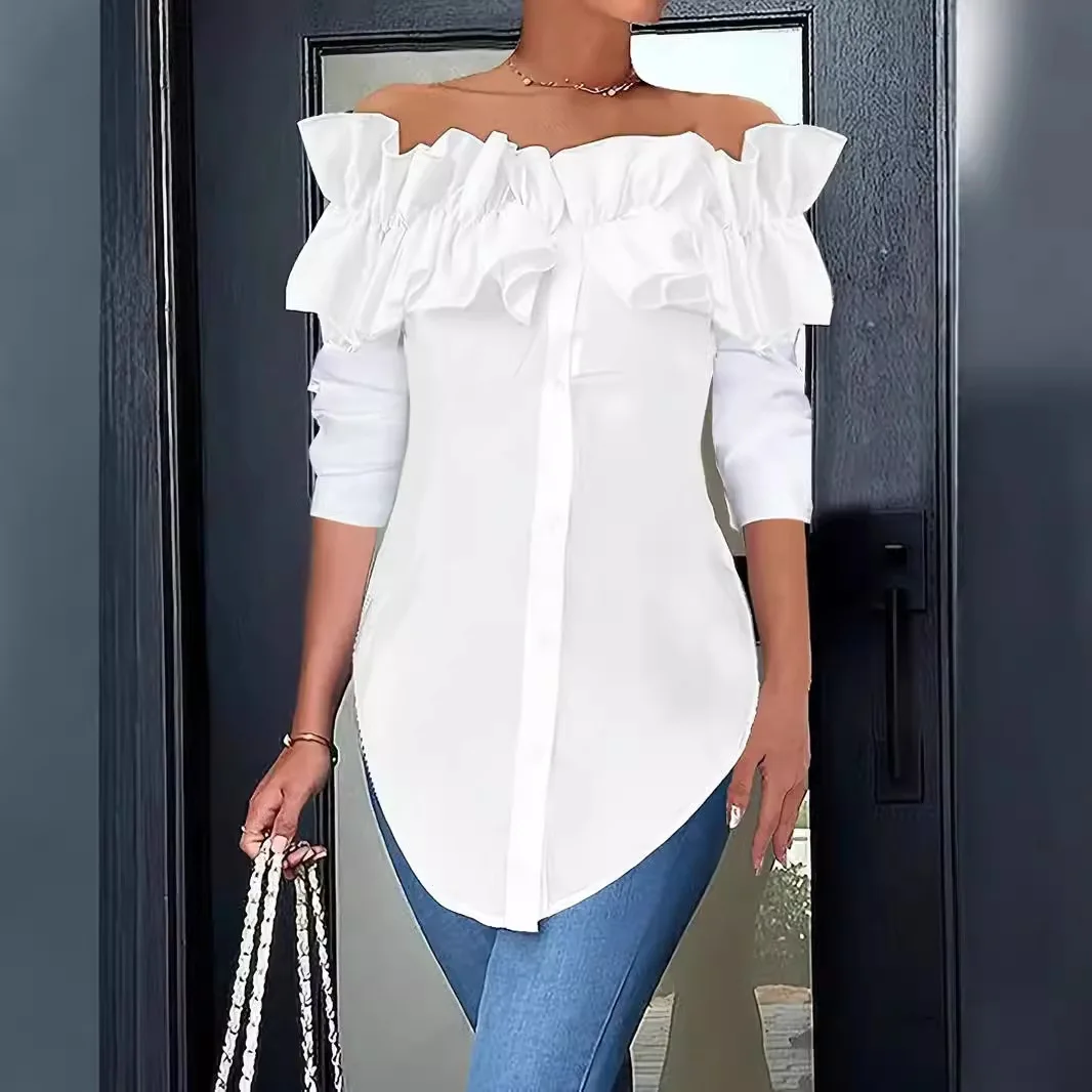 Blusa de manga comprida de botão feminina, monocromática, um ombro, borda de lótus, elegante camisa de escritório, primavera e outono