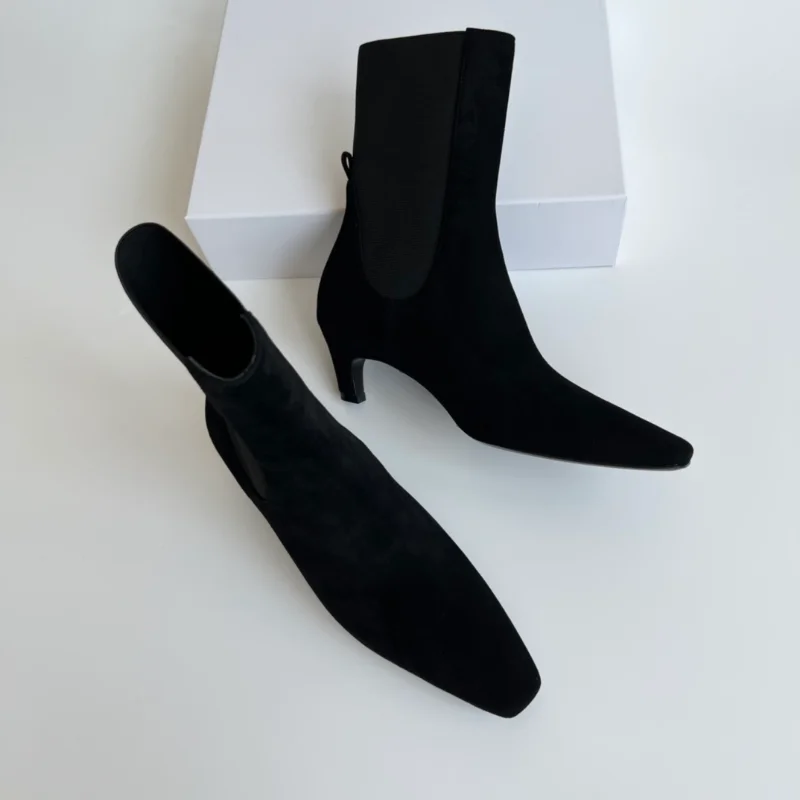 2022 New Short Boots Real Leather Black Minimalist Pointed Toe Super Fine Suede Low-heeled Ankle Boots Women