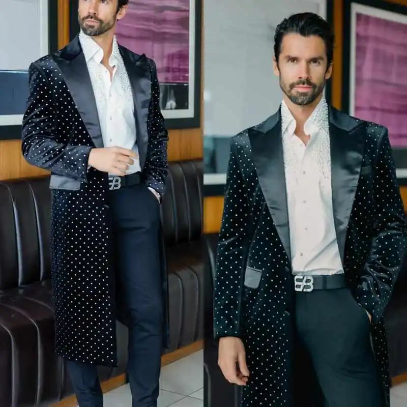 

Modern Rhinestone Men's Long Overcoat 1 Piece Peaked Lapel Single Breasted Business Banquet Party Groom Wear Customized